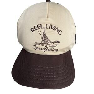 Vintage Reel Living Sport Fishing Trucker Snapback Hat Mesh Foam Brown DeLong